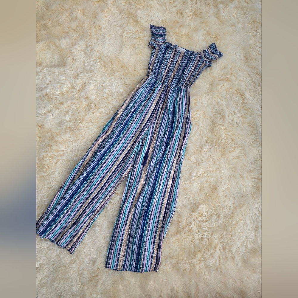 Striped Smocked Jumpsuit in Blue and Cream Romper Band Of Gypsies Ladies Small